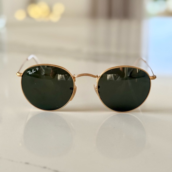 Ray Ban Polarized Round Metal Sunglasses Matte Gold - Picture 1 of 4